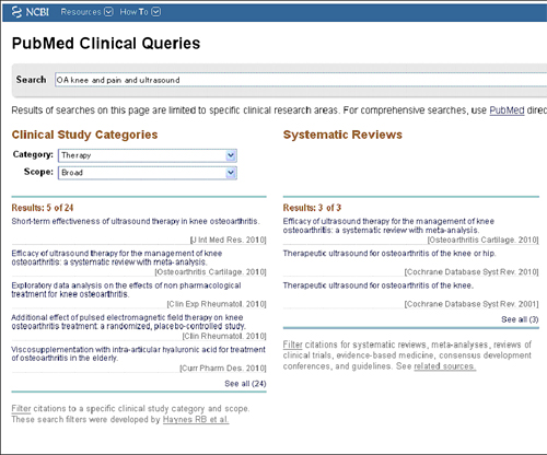 PubMedのClinical Queryで、OA knee and pain and ultrasoundというキーワードでエビデンスを調べる