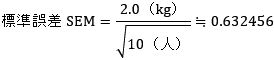 標準誤差SEM=2.0（kg）/√10（人）≒0.632456…